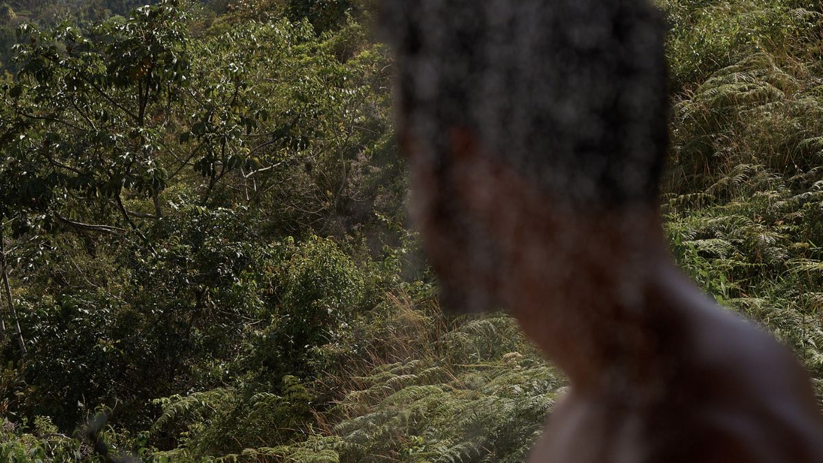 Hombre bañándose al aire libre en la montaña con un frasco Etereo