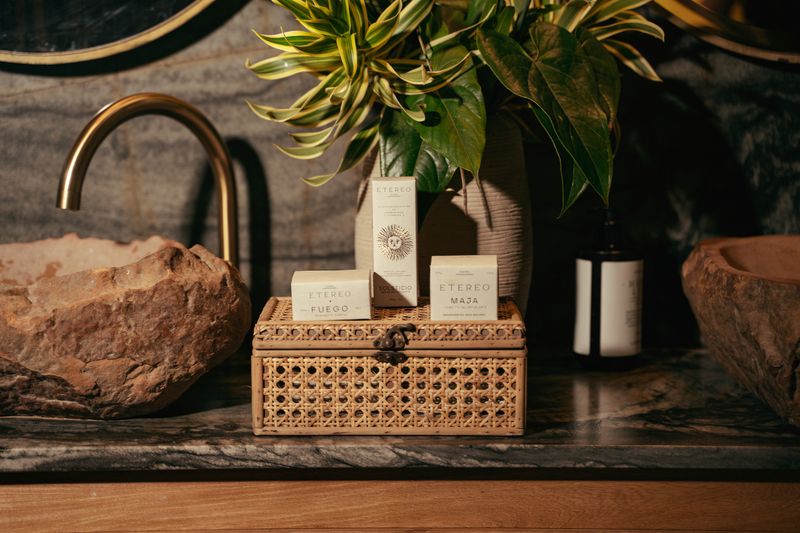 Productos Etereo en frascos ámbar sobre un cofre de mimbre, con plantas, en un baño de piedra